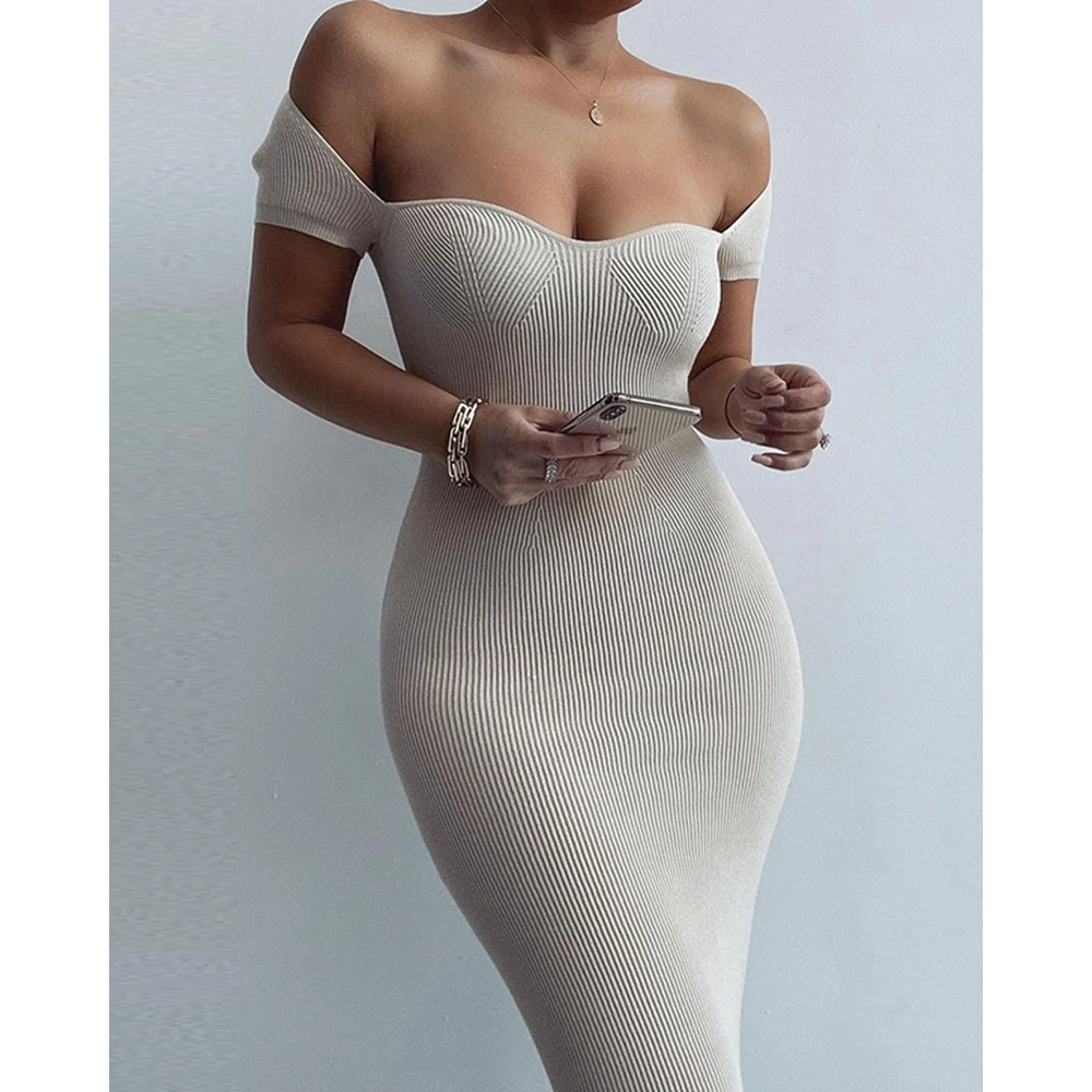 

Elegant Women Sweetheart Neck Knitted Ribbed Midi Bodycon Sexy Dress Women Off Shoulder Short Sleeve Casual Dress Korean Style