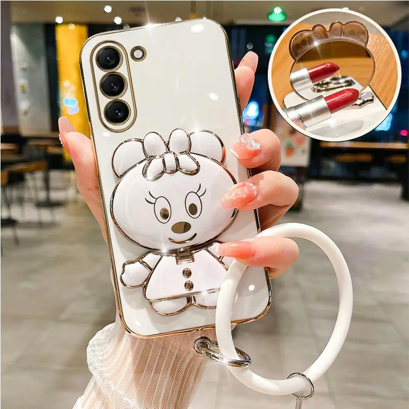 Mirror Strap Rabbit Plating Holder Case For Samsung Galaxy S23 S20 S22 S21 S10 S9 S8 Note10 20 8 9 Plus Ultra S20 Fe Stand Cover