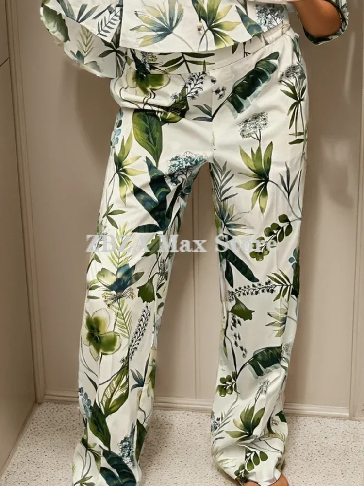 ZBZA Print Shirt Trousers Suit Lapel Collar Adjustable Drawstring Waist Top Side Pockets Straight Leg Pant New Female Chic Set