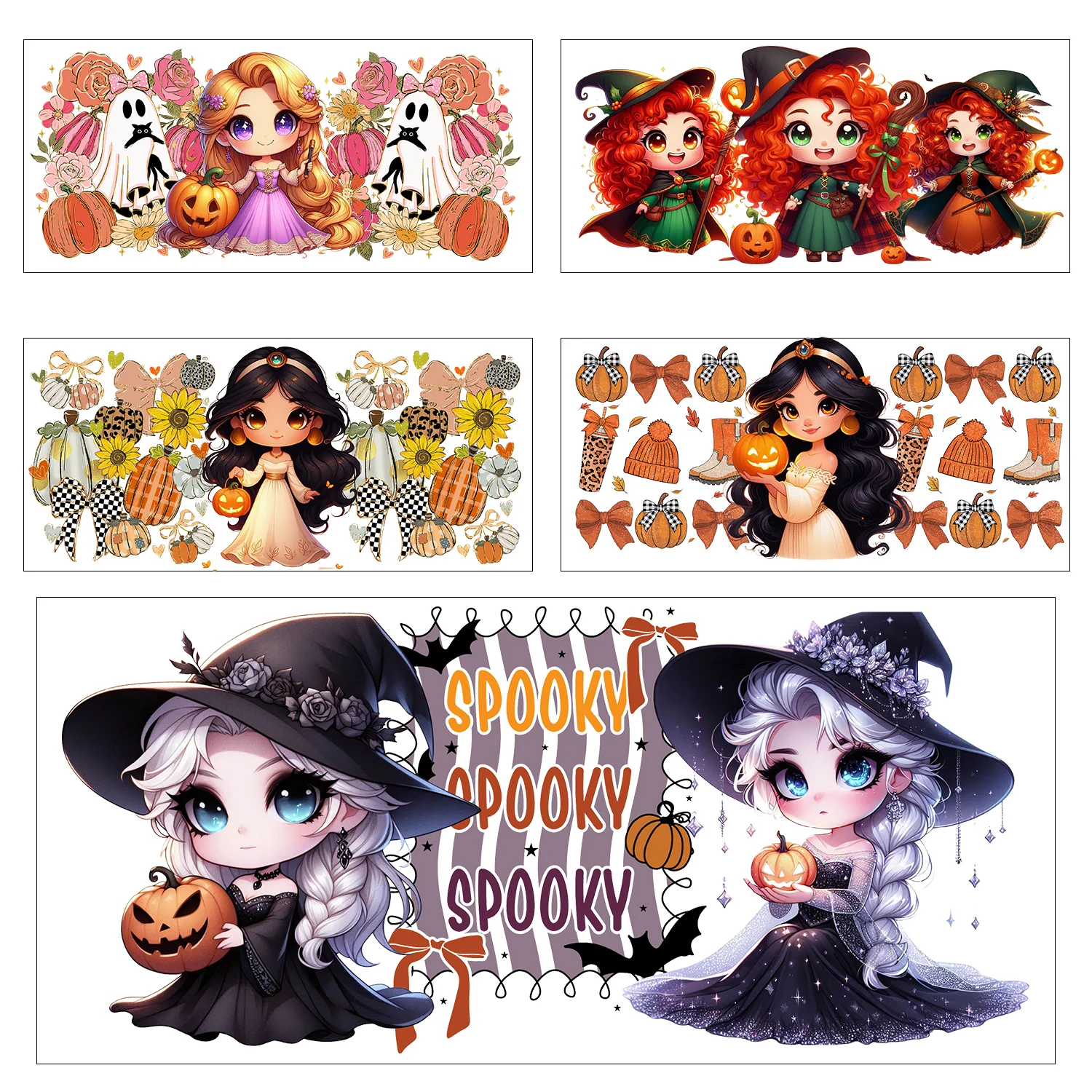 

5 sheets Halloween Princess Series easy peel waterproof DIY Decals 3D transfers uvdtf stickers 16oz uv dtf cup wraps