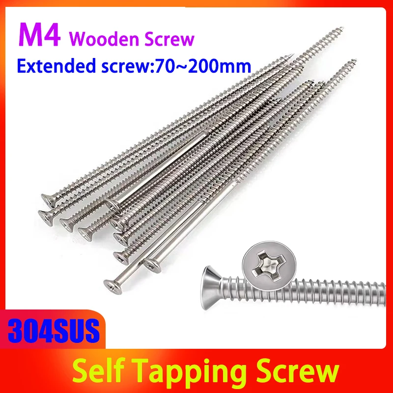 M4 Extended Flat Head Self Tapping Screw 304 Stainless Steel Countersunk Screw Switch Socket Wooden Screw L:30-200mm