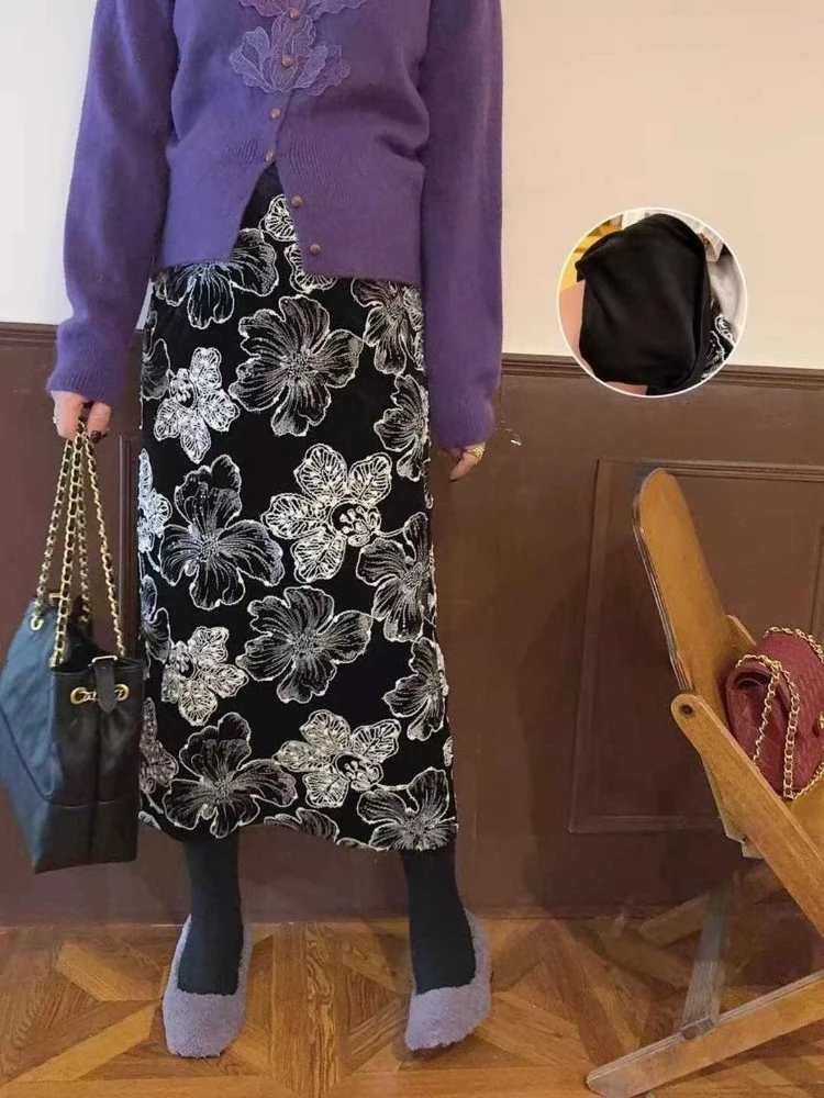 

Бархатная юбка-миди с цветочной вышивкой и блестками, женская нишевая дизайнерская элегантная юбка в стиле старых денег, женская эксклюзивная одежда