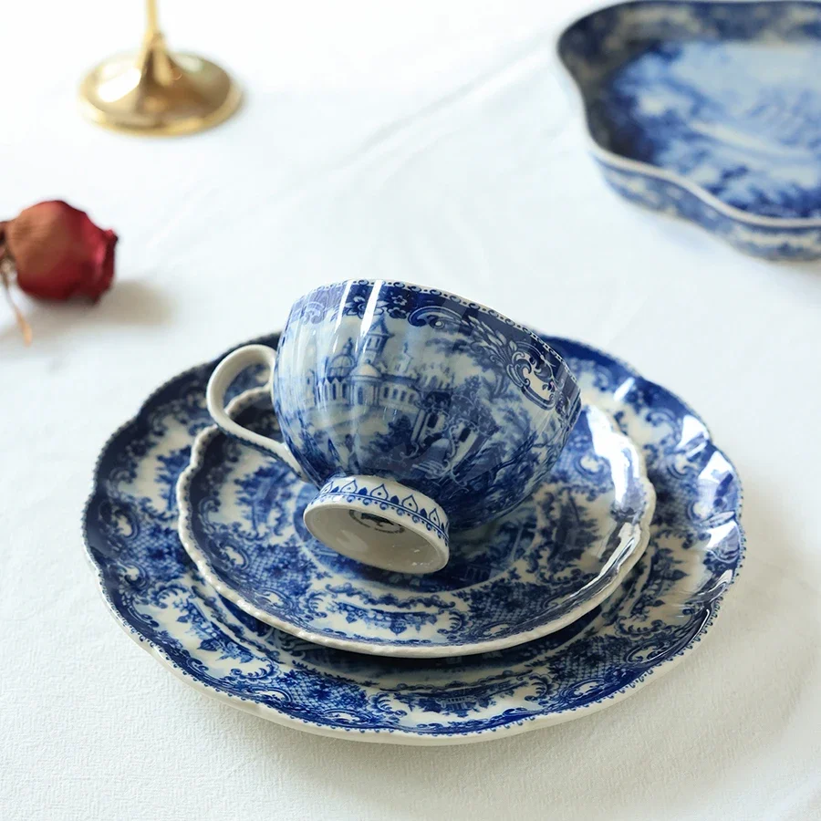English Castle Retro Palace Ceramic Afternoon Tea Mug Coffee Cup Vintage European Blue Castle Dessert Plate Underglaze Color 5