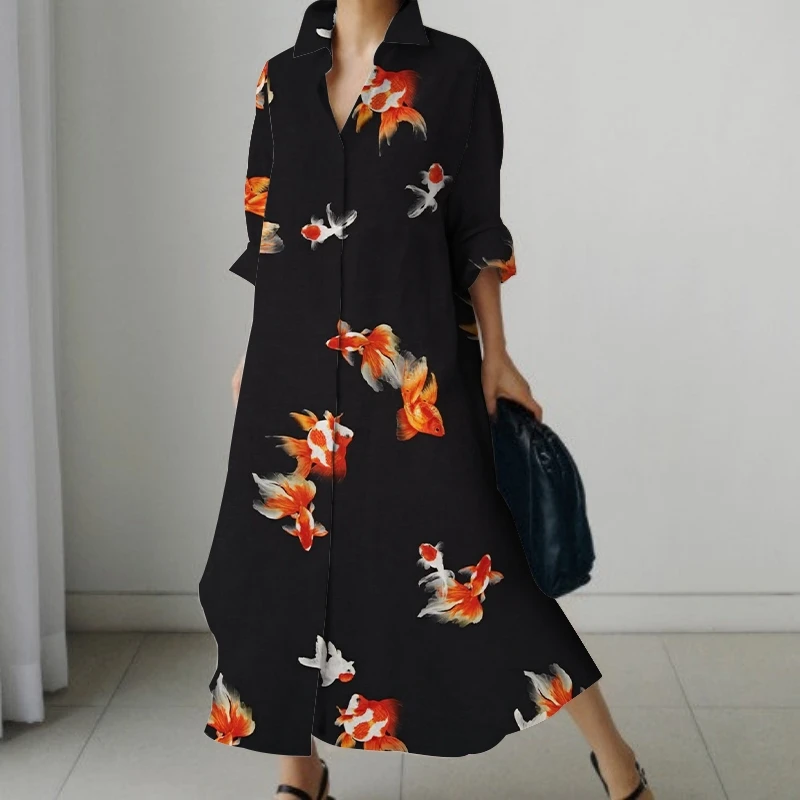 Women's Fall Dress Bohemian Goldfish Print O Neck Long Sleeve Lapel Shirt Dress Elegant Office Attendance Plus Size Clothing