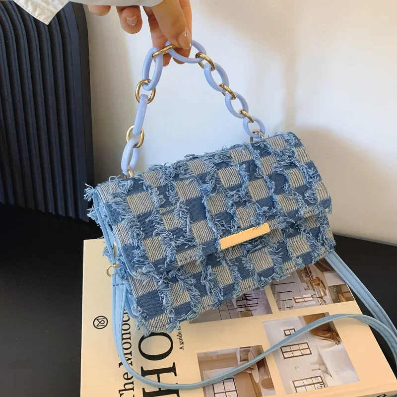 Denim canvas bag premium chain portable small square messenger bag