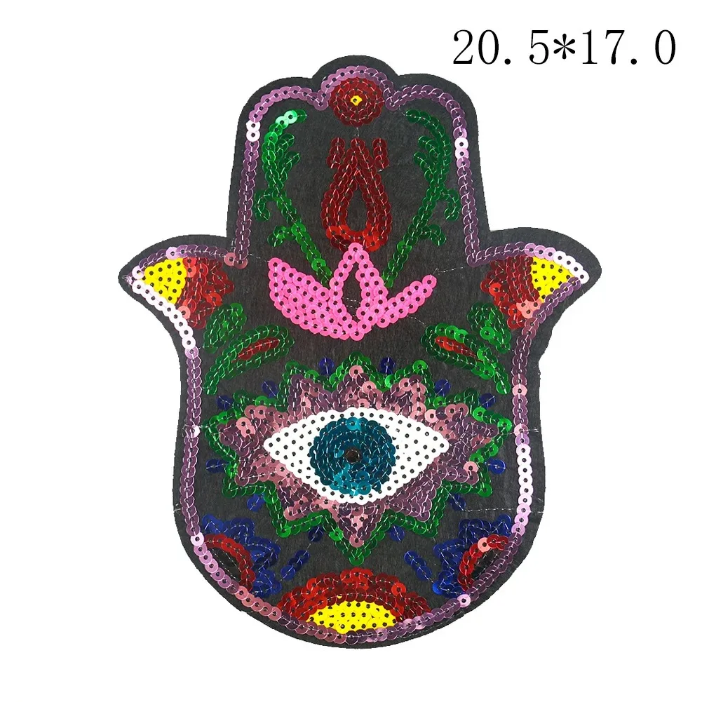 Sequin Hand of Fatima Embroidery Patches Large Size Evil Eye Sew on Applique for Clothing Accessories Sewing Supplies Bag Badge