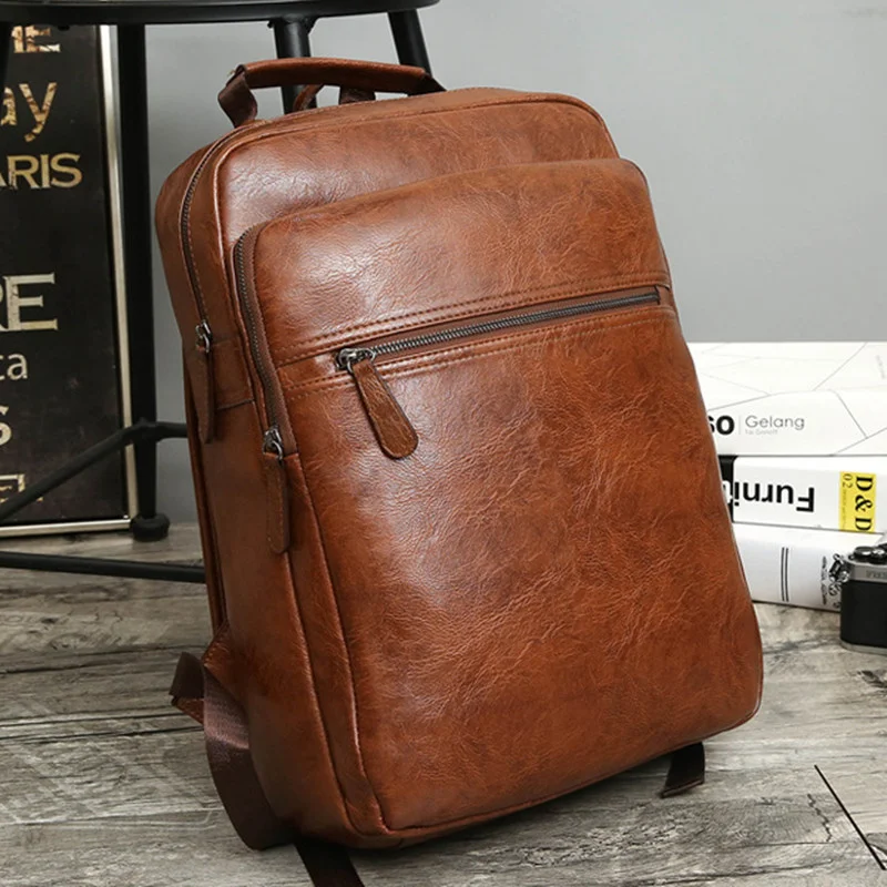 Vintage USB Charging Men's Backpack Luxury PU Leather Student School bag Large Capacity Laptop Bag Casual Male Travel Backpack