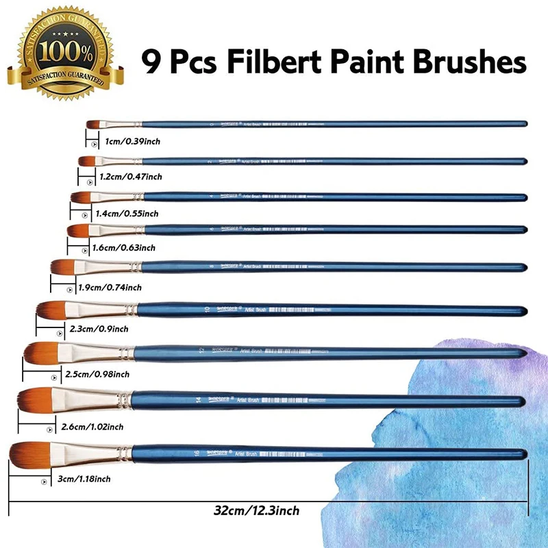 Filbert Paint Brushes Set, 9 Pcs Professional Artist Brush for Acrylic Oil Watercolor Gouache Painting Long Handle Nylon Hair