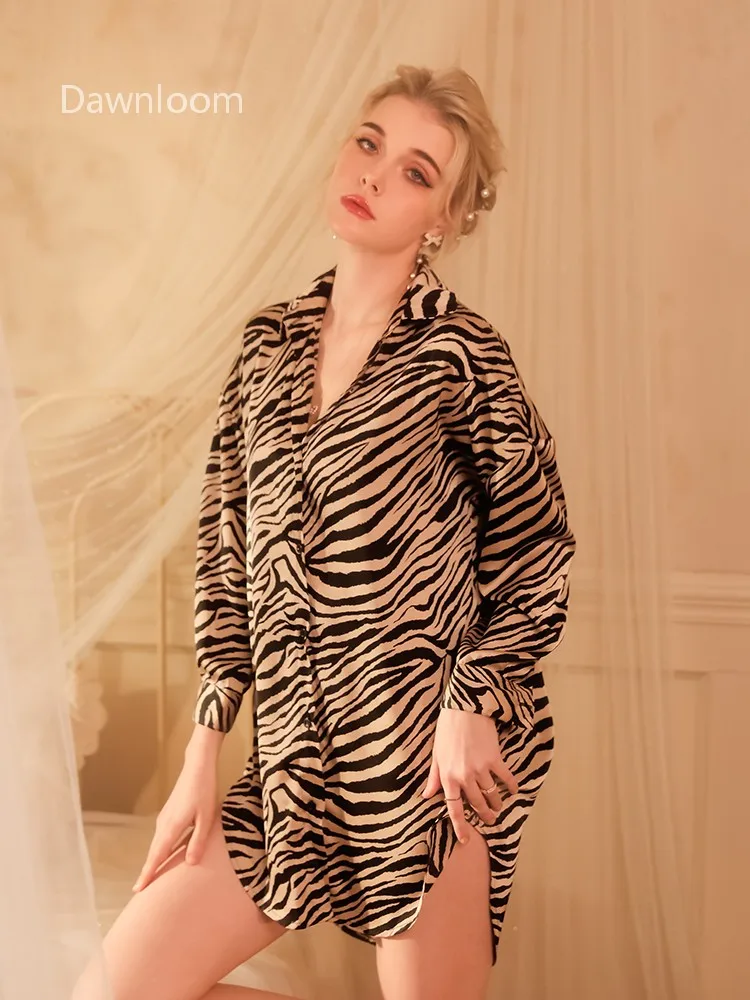 فستان Dawnloom* قميص حريري مطبوع عليه حمار وحشي على طراز Boyfriend للنساء فضفاض ومثير ملابس منزلية طويلة #5