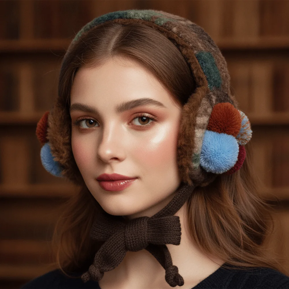 Brown Retro Knit Earmuffs Soft Thickened Lace Up Ear Warmer Windproof Lightweight Vintage Pom Earmuff Women