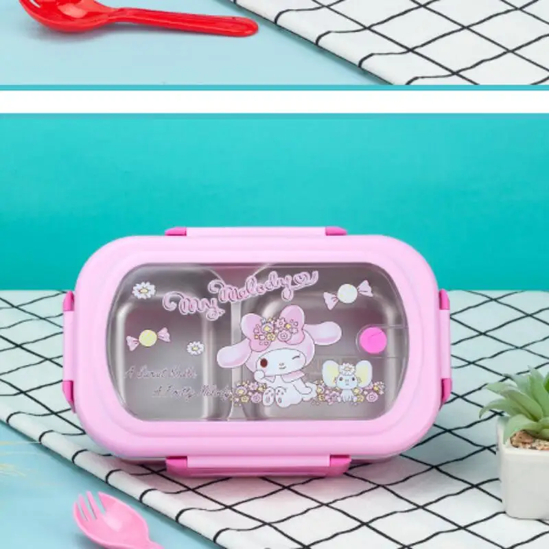 핫한 산리오 헬로키티 학생 도시락 귀여운 애니메이션 휴대용 만화 물 주입식 열분리 식기 세트 수프 그릇 포함