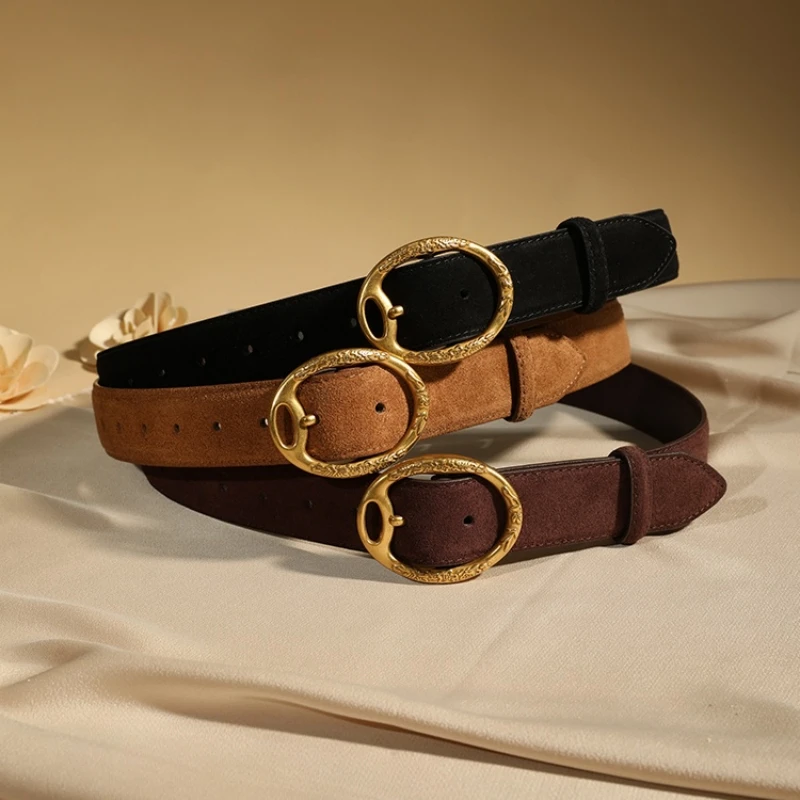 Ceinture en cuir de vachette suédé de style vintage pour femme avec structure carrée dorée, idéale pour les robes et les jeans, 3.3cm