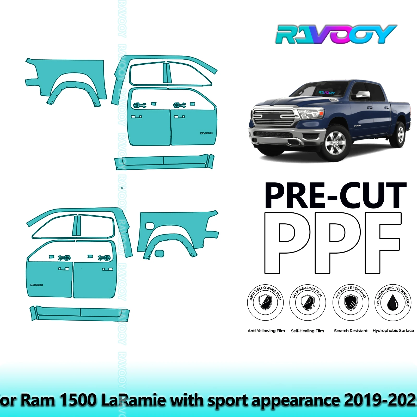 

For Ram 1500 LaRamie with sport appearance 2019-2025 8.5mil Pre-Cut PPF Door & A/B Pillar Kit TPU Paint Protection Film Set