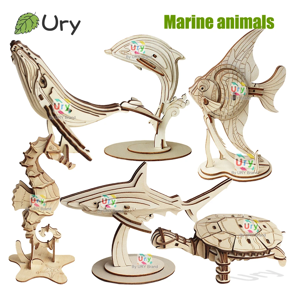 Ury 3D Wooden Puzzle 6 Marine Animals Family Dolphin Whale Sea Turtle Angel Fish Shark Model DIY Educational Toys Gifts for Kids