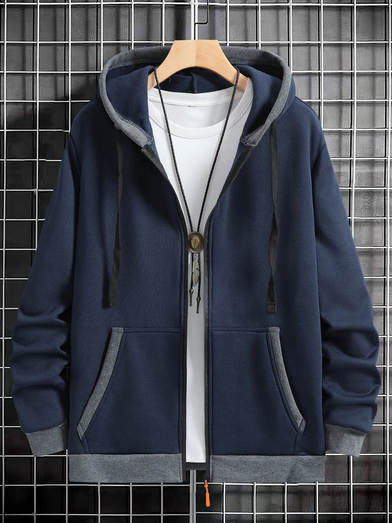 

Men's casual hooded sweatshirt, versatile color blocked sweatshirt for autumn and winter, trendy hooded cardigan jacket