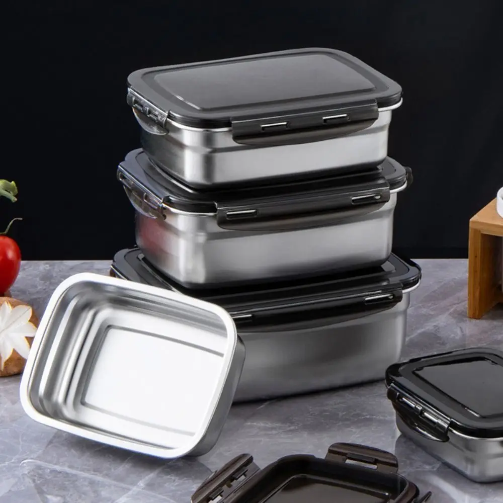 

Portable Large Capacity Stainless Steel Crisper with Handle Sealed Pickle Box Airtight Lid Rectangular Fresh-keeping Box Picnic