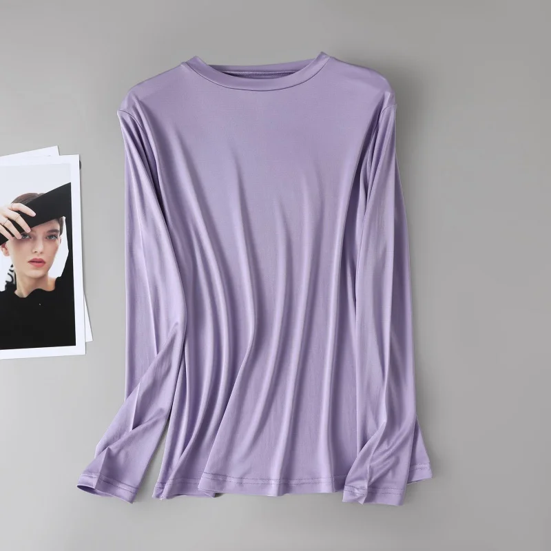 Birdtree, 100% Real Silk Basics Blouse, O-neck Long Sleeve Tops, Women's Knitted Solid Thin Undershirt, 2026 Autumn New T69810JF