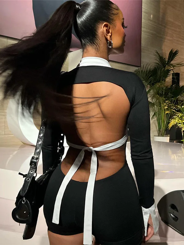 Sexy jumpsuit met kraag, uitsnijding, rugloze jumpsuit, kleurblok, figuurvormende, op maat gemaakte jumpsuit, elegante avondclub playsuit