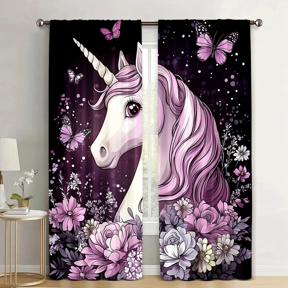 2Pcs Unicorn Curtains Pink Butterfly Curtains Chic Purple Flower Floral Blackout Curtains Horse Curtains Cute Window