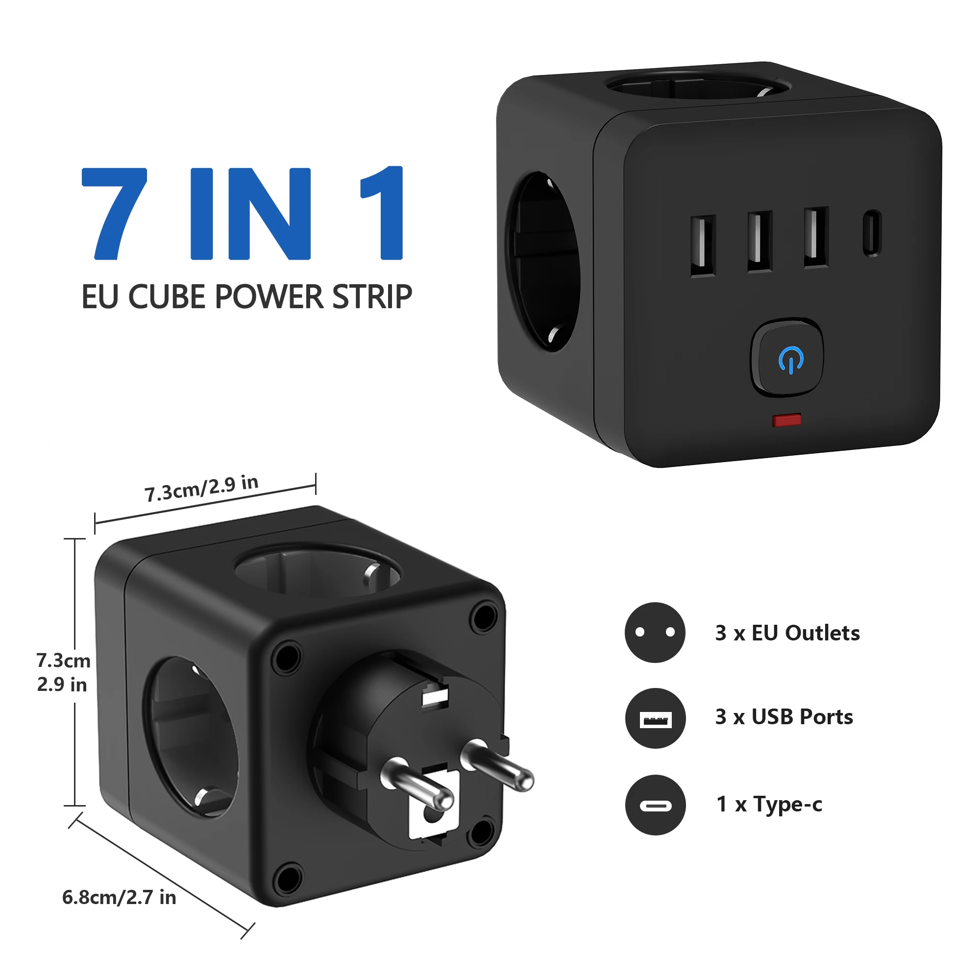 7-in-1 EU Power Strip, Power Strip Surge Protector, 3 AC Outlets 3 USB 1 Type-C, Desktop Charging Station With Overload Protecti