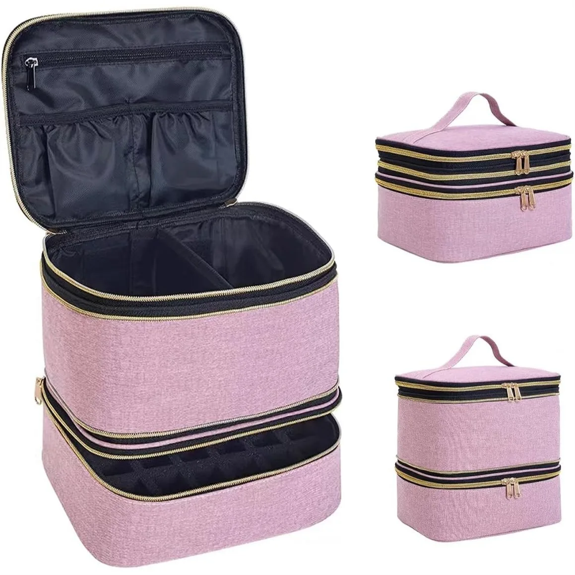 Nail Polish Organizer, Double Layer Storage Bag with Adjustable Dividers, Holds 30 Bottles for Nail Lamp & Tools, Pink