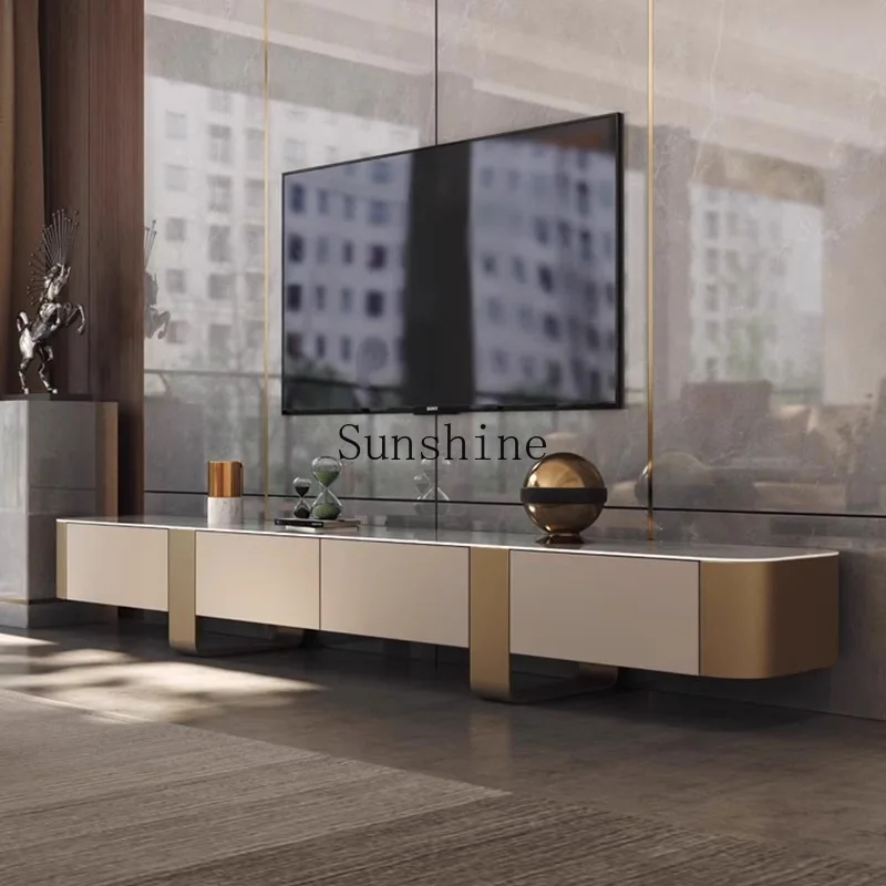 

Modern simple living room TV cabinet coffee table combination small apartment ultra-narrow household stainless steel floor