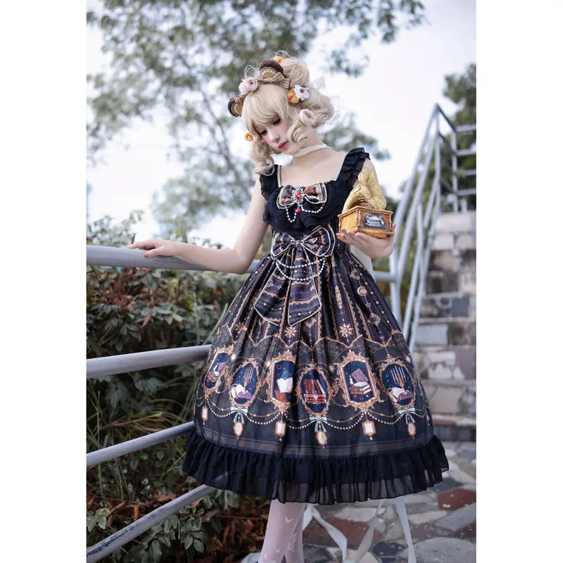 Vintage Lolita Jsk Dress Gothic Elegant Women Sweet Bow Elegant Princess Sleeveless Black Dress Girly Party Black Strap Dresses