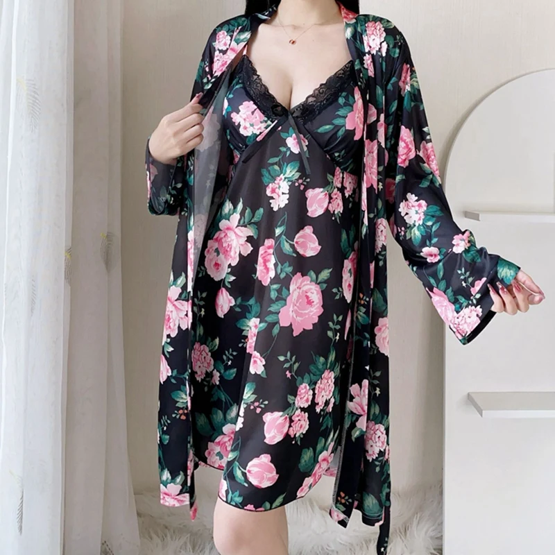 

2025 Autumn 2PCS Silk Satin Sexy Lace Lingerie Nightgowns Robes Sets for Women Korean Bathrobe Sleepwear Nightdress Night Dress