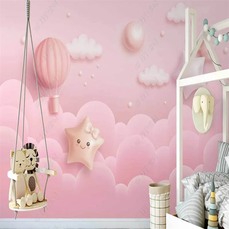 

Cartoon Pink Starry Sky Clouds 3d Mural Hot Air Balloon Princess Wallpapers for Girls Room Kids Room