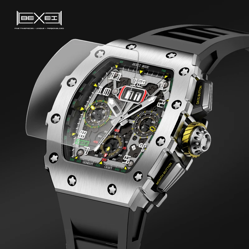 BEXEI 9032   Automatic mechanical movement Fashion  Luxury watch for men skeleton synthetic sapphire waterproof   Reserve 45H