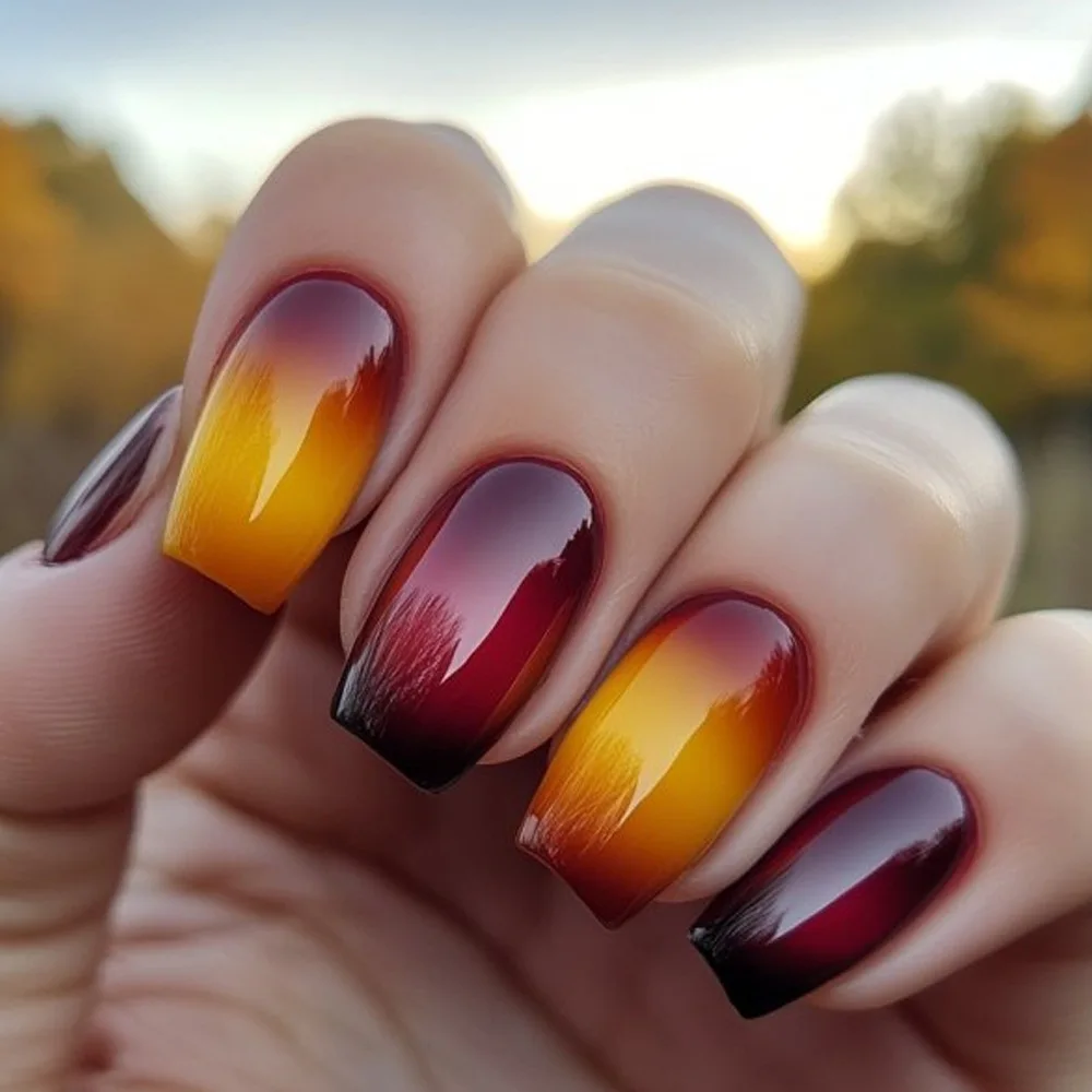 2026 New Simple Red-Brown and Warm Yellow Gradient Nail Art - European and American Ins Style
