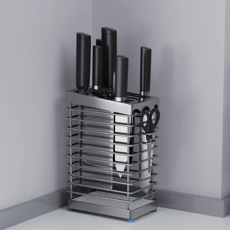 Multi-Slot Knife Holder Stainless Steel 304 Kitchen Storage Rack Anti-Mold Antibacterial Drainage Cutlery Organizer Knife Block