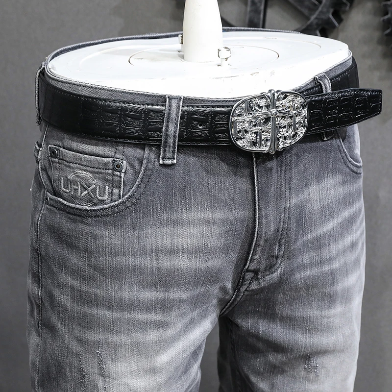 Italian Designer Fashion Men Jeans High Quality Retro Gray Elastic Slim Fit Ripped Jeans Men Vintage Casual Denim Pants Hombre