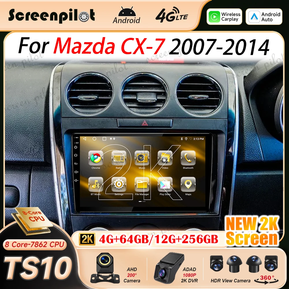 Android16 Car Radio StereoFor Mazda CX-7 2007 2008 2009 2010-2014 2K QLED Multimidia Player GPS Carplay Android Auto 8 Core RDS