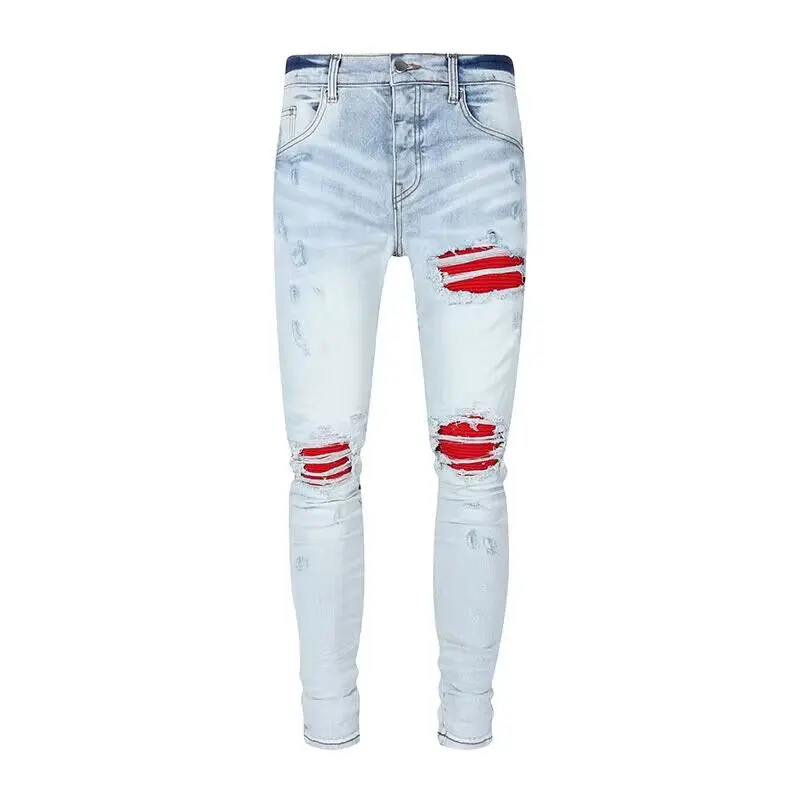 High Street Fashion Heren Jeans Retro Lichtblauw Stretch Skinny Fit Gescheurde Jeans Heren Gepatcht Designer Merk Hip Hop Denim Broek