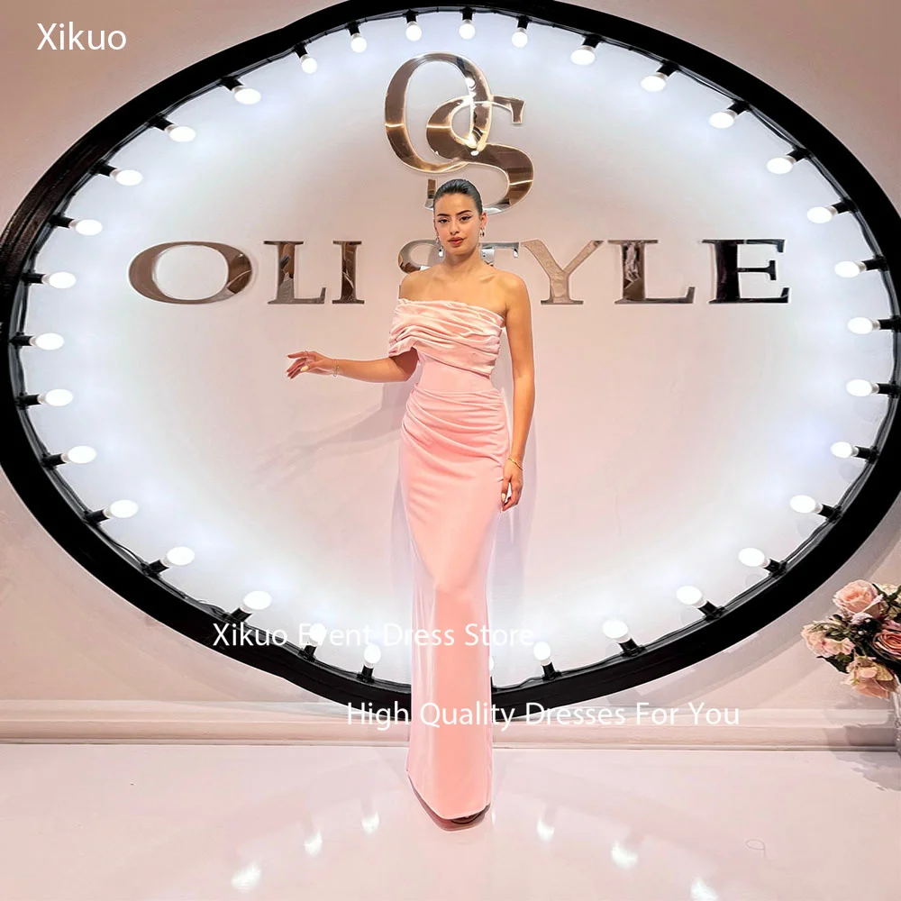 

Xikuo One Shoulder Mermaid Evening Gowns Pastel Pink Ruched Wedding Party Dress Asymmetric Neckline Chic Prom Dresses Customized