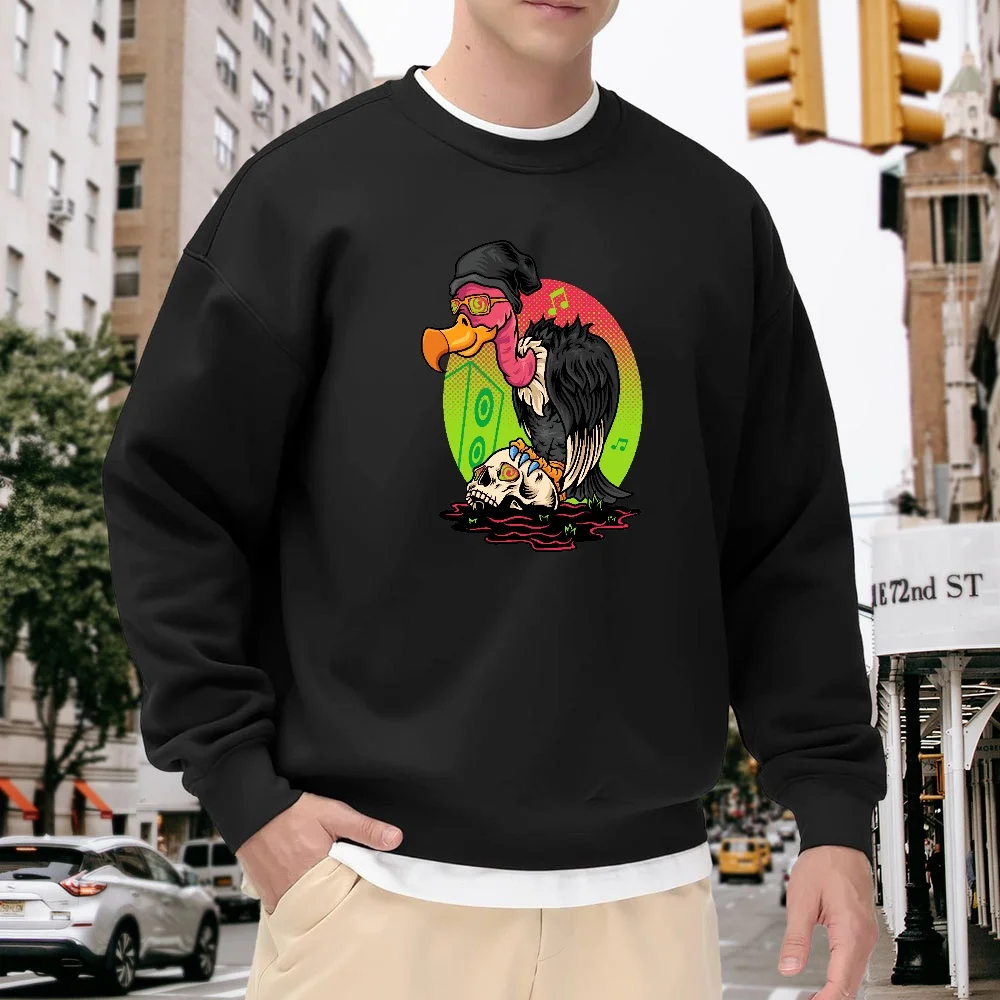 

Men's Black Crew Neck Loose Sweatshirt with Fun Vulture Print, Trendy Top, Street Casual Style, Comfortable and Versatile for Everyday Wear