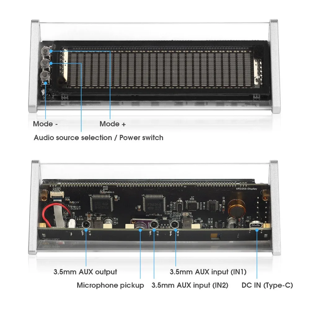 VFD253 ساعة الموسيقى الطيف شاشة عرض مستوى الصوت متر محول الصوت ساعة سطح المكتب بلوتوث 5.0