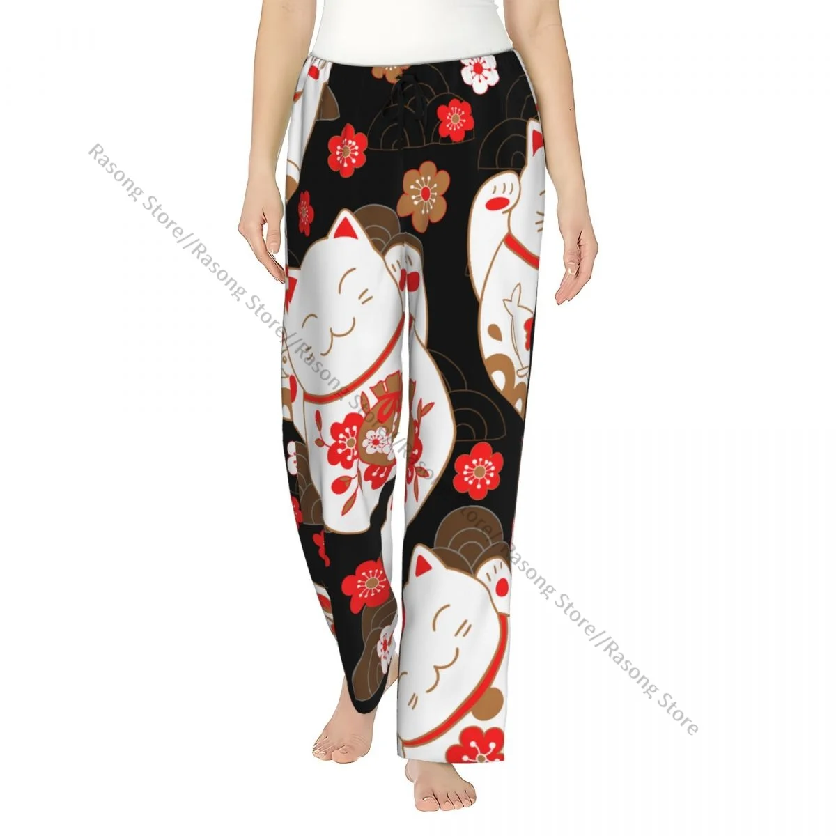 

Warm Women Pajama Pants Cats Maneki Neko Lucky Charms And Sakura Flowers Flannel Sleep Bottoms Soft Fleece Loungewear