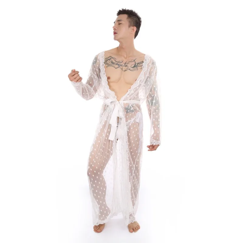 

Men's Sissy Lingerie Dot Mesh See-Through Long Nightgown Crossdressing Nightwear Robe Dress Sleepwear with T-back Thong Belt Set