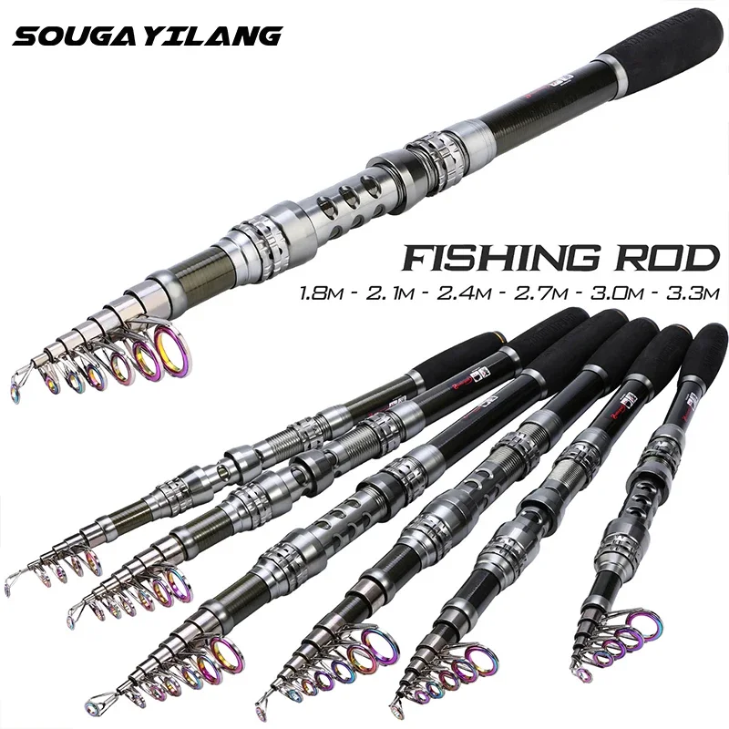 Sougayilang Carbonio Telescopico 2.1-3.3m Canna da pesca multifunzione Viaggio portatile Spinning Canna da pesca Attrezzatura da pesca Pesca