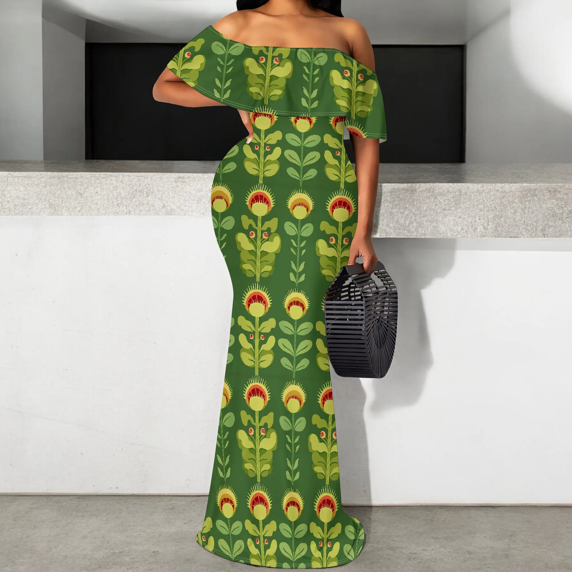 

African Print Off Shoulder Mermaid Dress Women Bodycon Green Floral Tribal Maxi Dress Party Wear