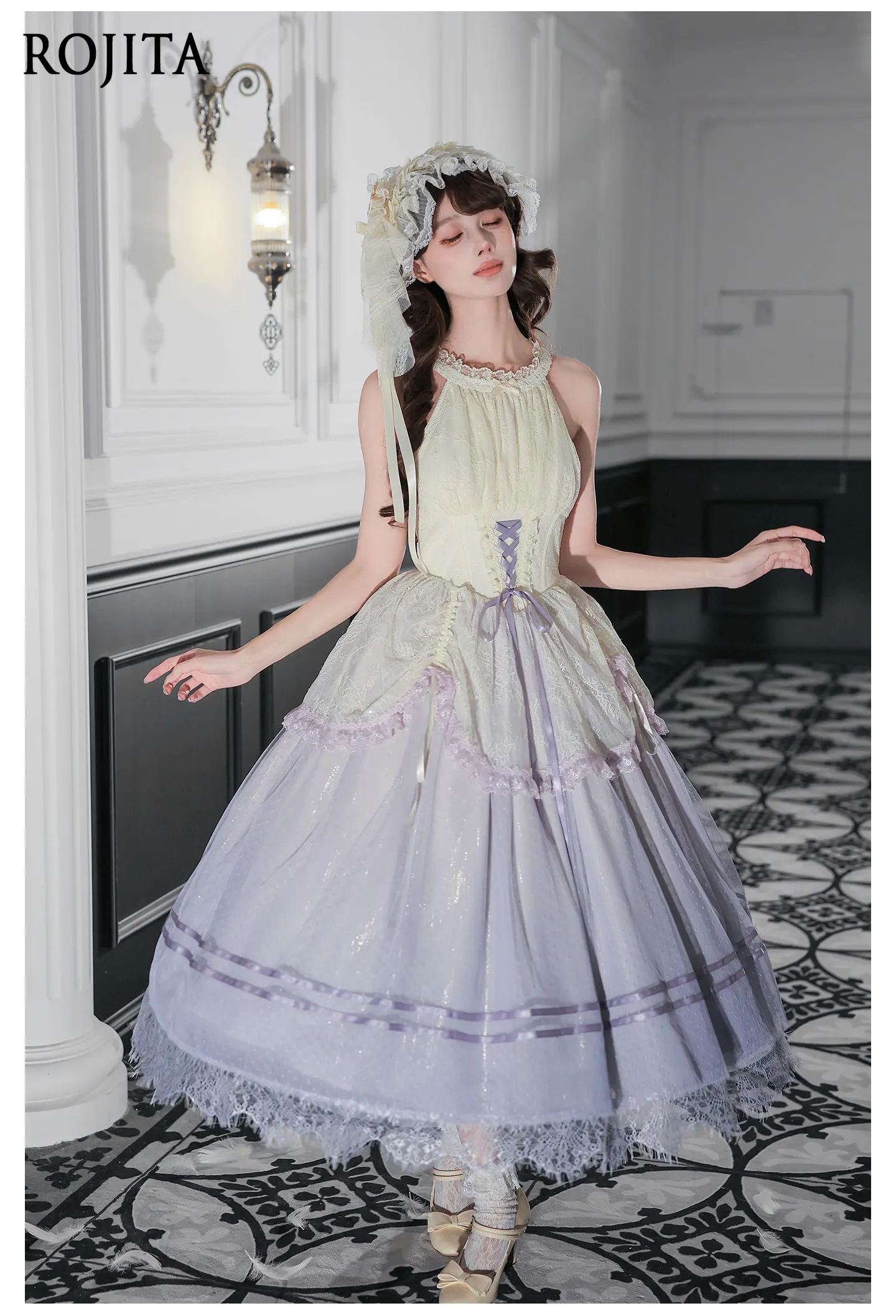 Vintage Lolita Halter JSK Pink & Light Purple Lace Ruffle Panel Cross Lace Up Back Voluminous Tiered Mesh Suspender Dress