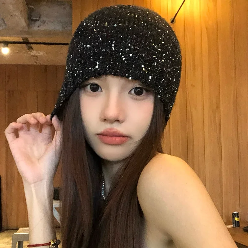 Korean Designer Y2k Shiny Cold Cool Street Sequined Knit Hat Spring Summer Girl Glitter Fashion Knitted Bag Head Beanie Hat