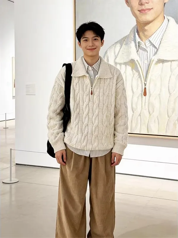 

Men's Knitted Thiened Winter Sweater f Zipper Twist Pattern Casual Loose Fit Comfortable Warm Faionable Vintage Americ...