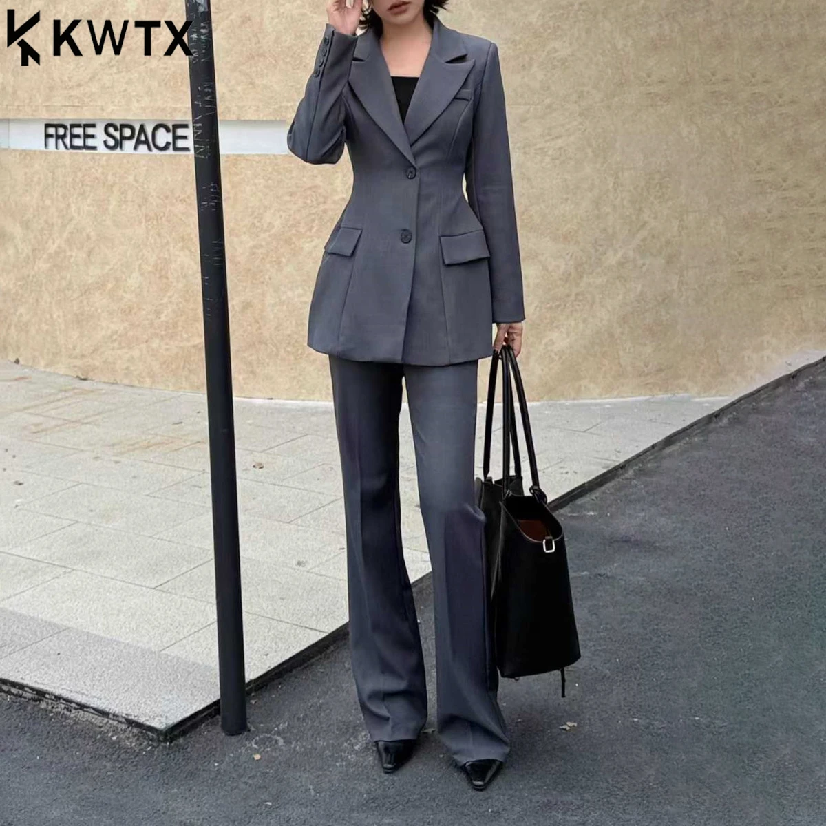 

KWTX 2025 Women's Solid Color Casual Blazer Pants Set New Notch Lapel 2 Button Waist Cinching Elegant Vintage Luxury Comfortable