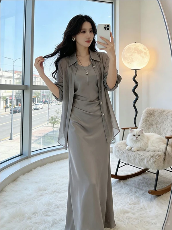 Summer New Style Slimming Two-Piece Set Elegant Draped Satin Dress with Sun Protection Shirt Long Sleeve Casual Wear for Women view 5