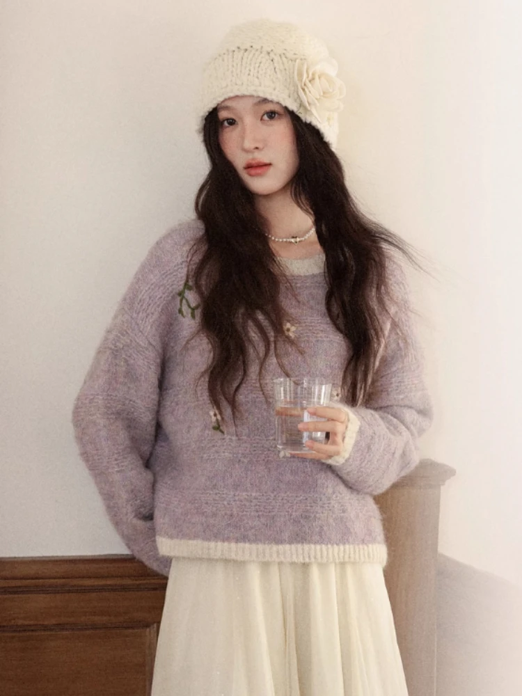 ALXNAN حجم كبير البلوز الجاكار الجولة الرقبة زهرة التطريز اللون حجب سترة فضفاضة تنوعا ملابس السيدات D58092