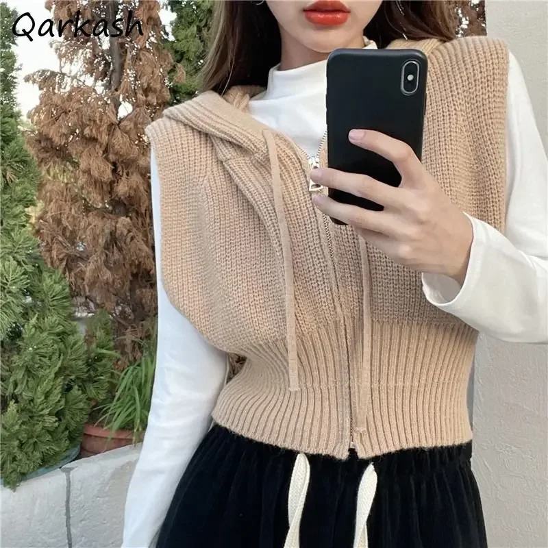 

Hooded Vests Women Autumn Fashion Cropped Zipper Knitted Vest Y2k Sleeveless Outerwear Korean Hotsweet Streetwear Lovely Female