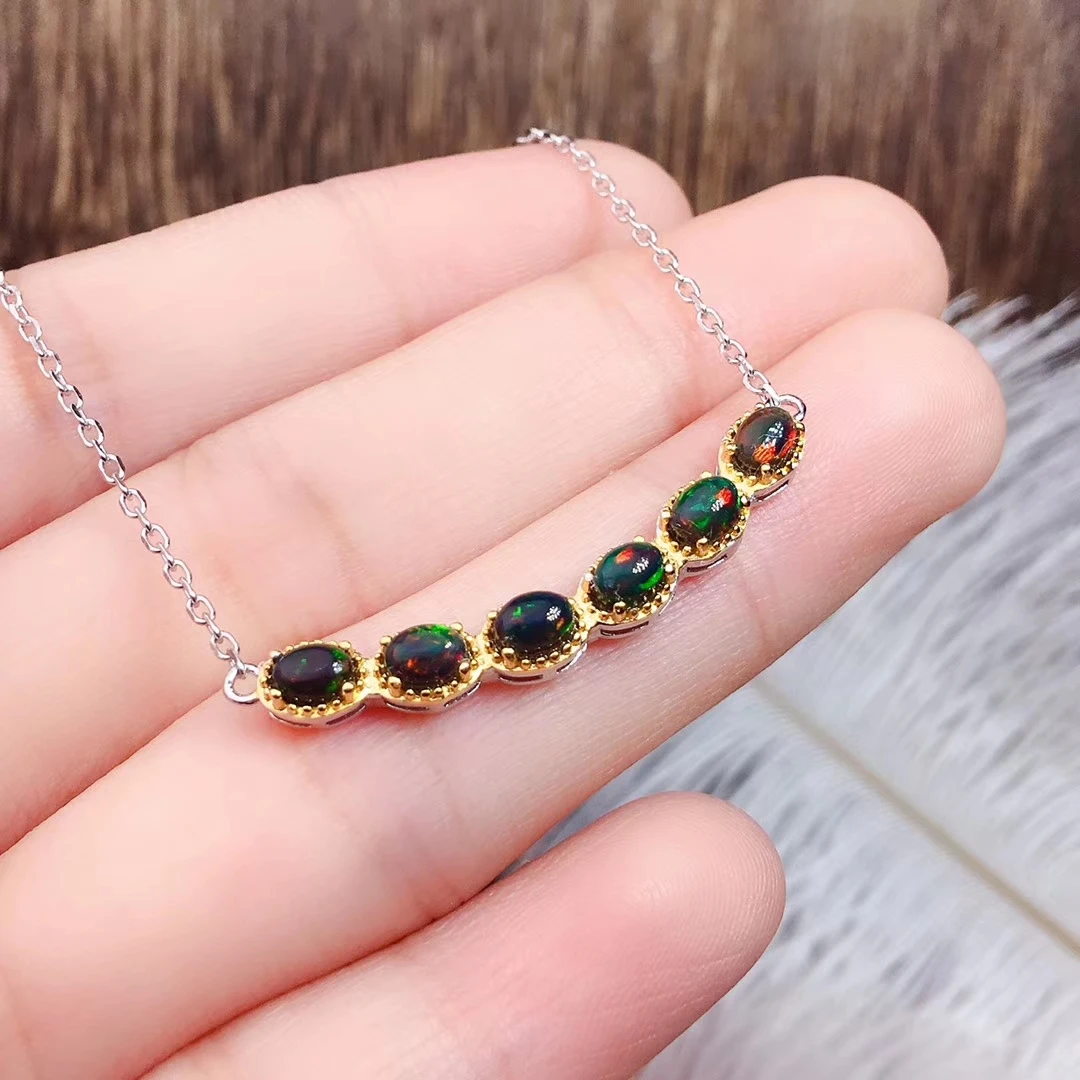 CoLife Jewelry 925 Silver Black Opal Necklace for Party 6 Pieces 3*4mm Natural Opal Silver Necklace Fashion Gemstone Necklace